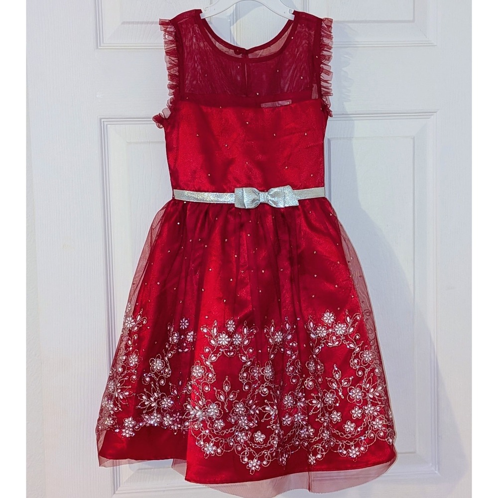 Jona Michelle Girls Red Metallic Floral Embroidered HolidayParty Dress Sz 7 NWOT